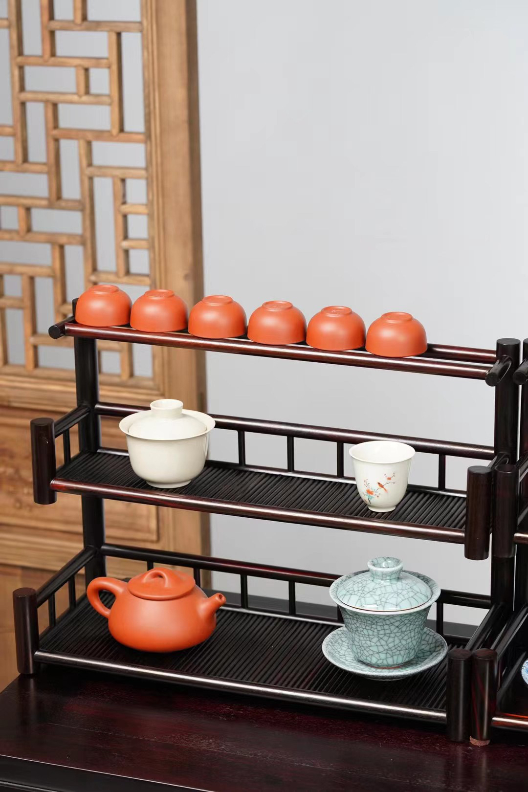【木虫臻品】奢侈品大红酸枝茶杯架茶壶收纳架两种风格可选高端茶室