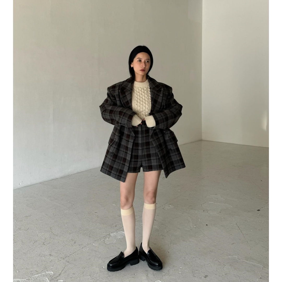 【强哥外贸】 自留展会款 松本 气质格纹极简风毛呢短裤女