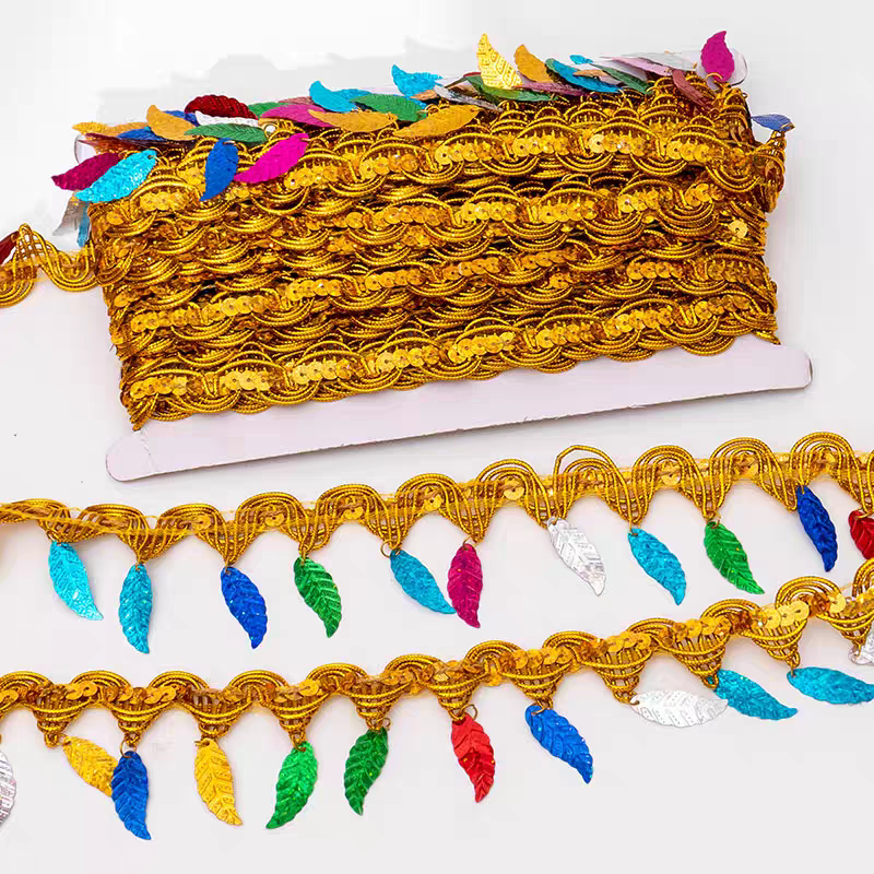 9米七彩水滴款彩色手工吊穗亮片流苏花边舞蹈演出服装材料