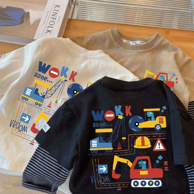 儿童长袖春秋男童纯棉吊车T恤假两件中小童宝宝圆领打底衫上衣潮t