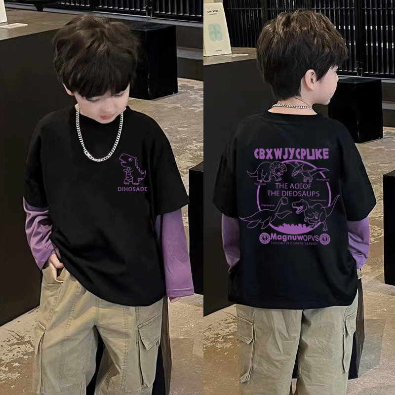 儿童恐龙纯棉长袖打底衫t春秋季男童洋气假两件中小童圆领T恤上衣