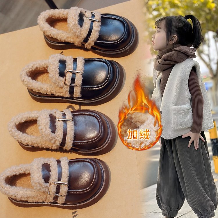 回力瑞女童加绒小皮鞋2023冬季款公主鞋儿童加厚一脚蹬大棉豆豆鞋