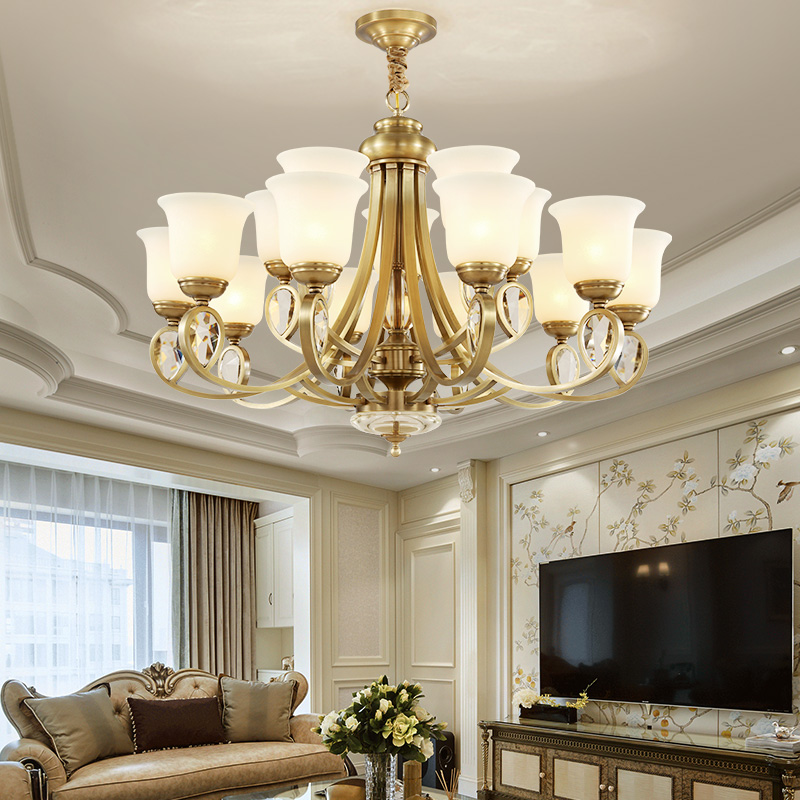 美式轻奢全铜水晶吊灯简约大气客厅灯欧式创意餐厅灯卧室书房灯具