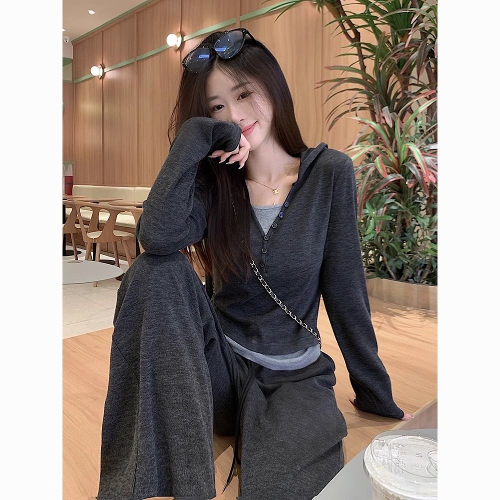 连帽卫衣运动服套装女秋冬设计感韩版显瘦上衣休闲两件套阔腿裤潮