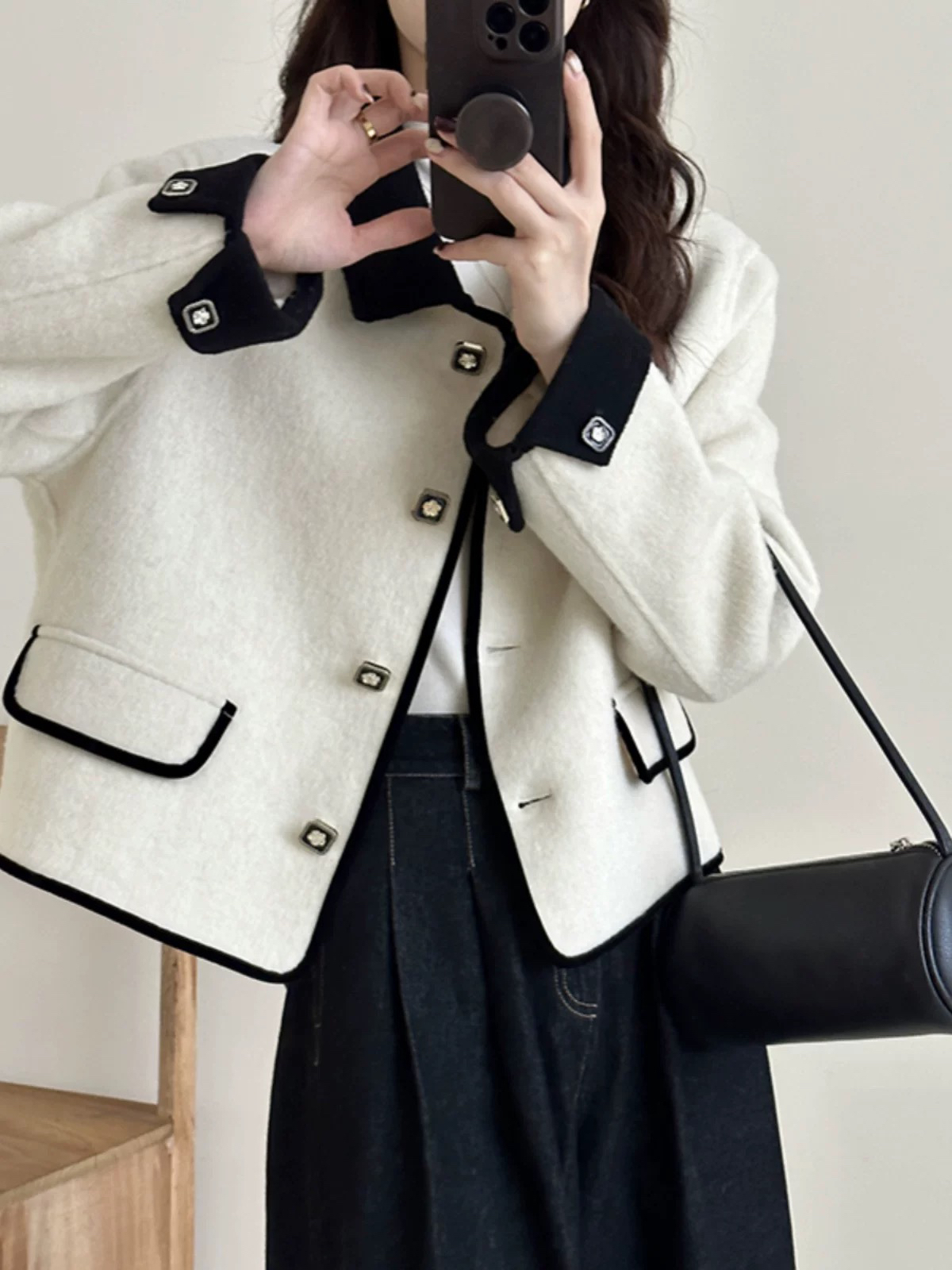 名媛小香风金属扣双面羊毛大衣女短款小个子设计外套