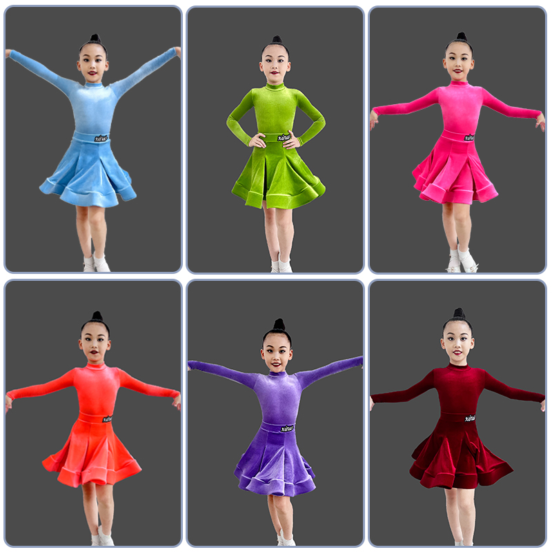 xinw拉丁舞儿童表演服高端比赛规定舞蹈服秋冬新款丝绒大裙摆女童