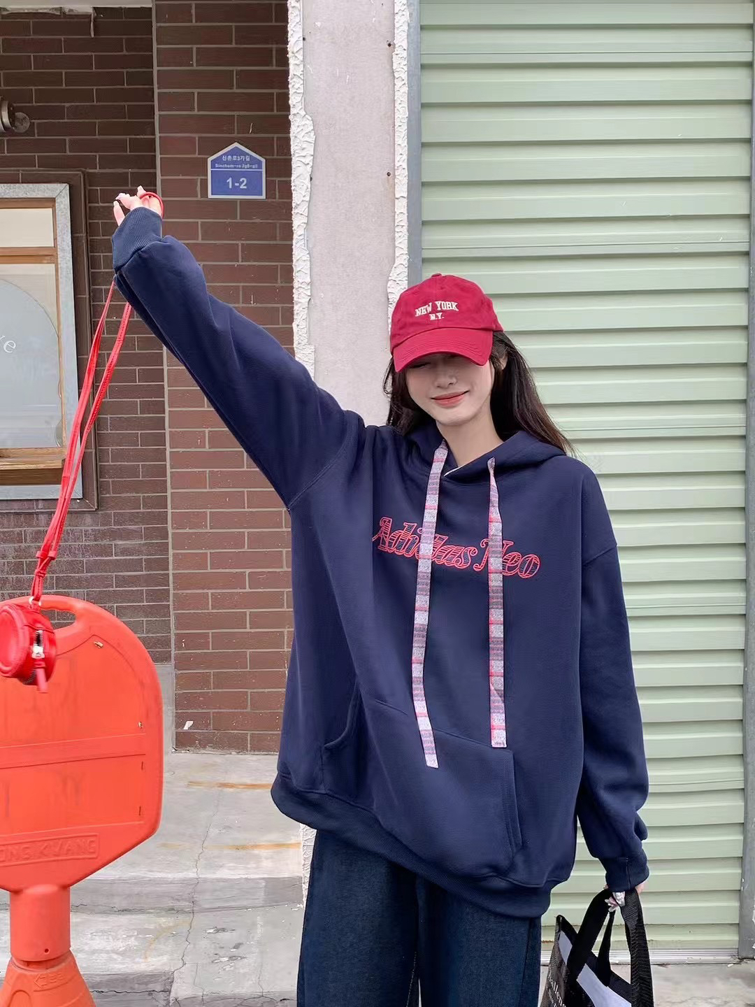 复古美式格子刺绣连帽卫衣宽松情侣外套男女同款