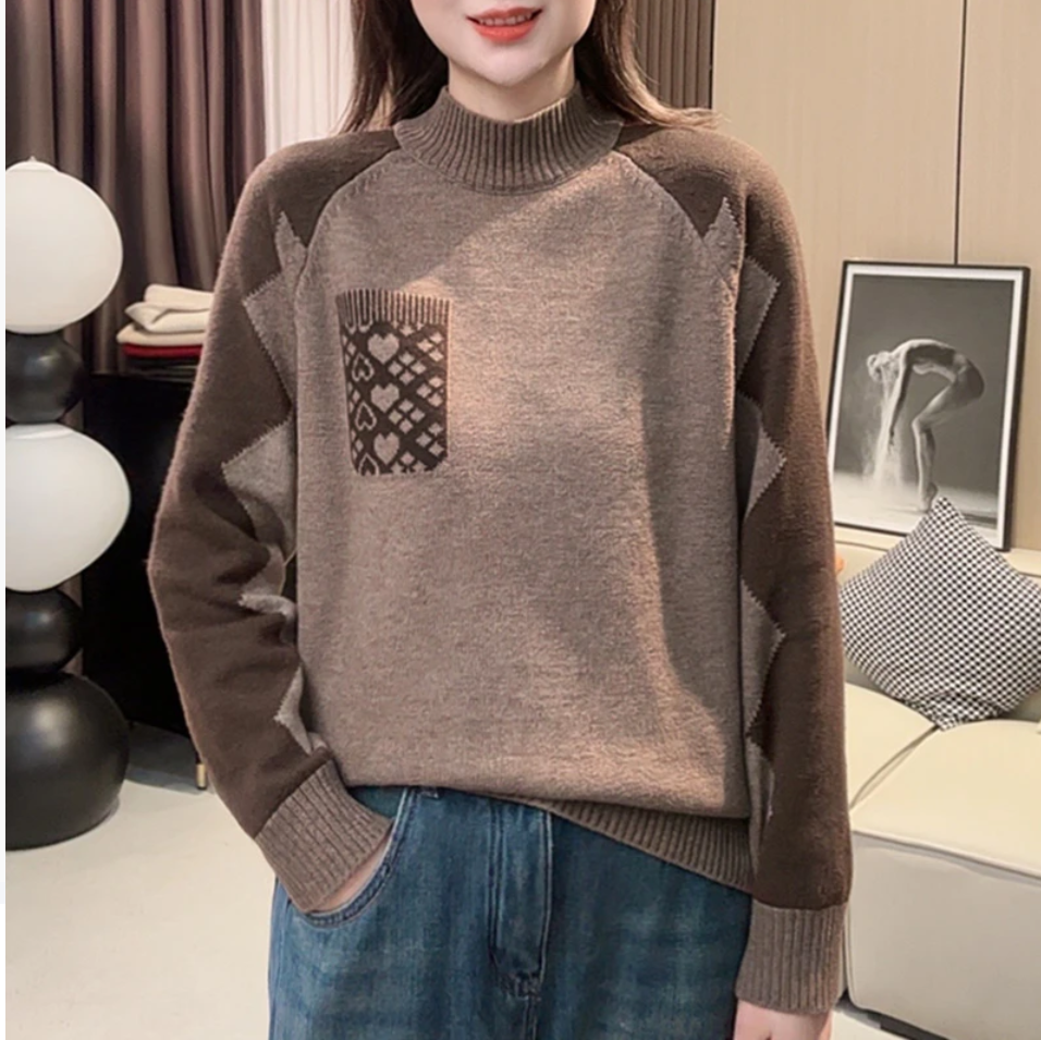 新款冬季针织毛衣新款时尚拼色百搭显瘦洋气半高领套头保暖打底衫