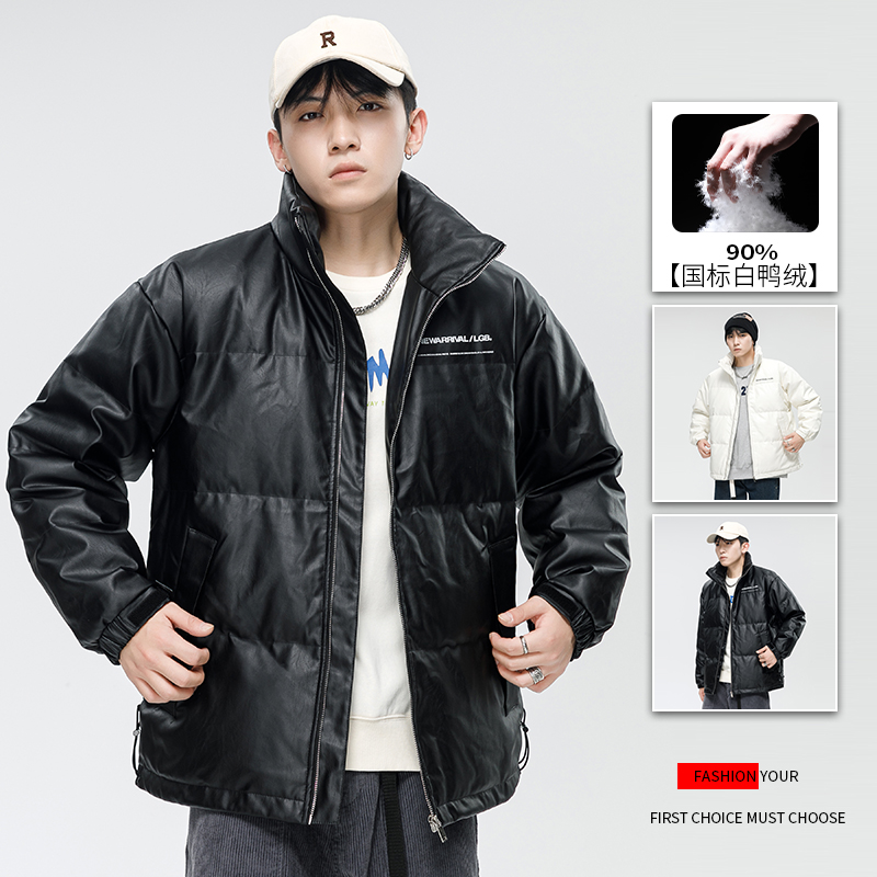 波斯澄羽绒服男士短款90白鸭绒PU皮上衣保暖潮牌外套