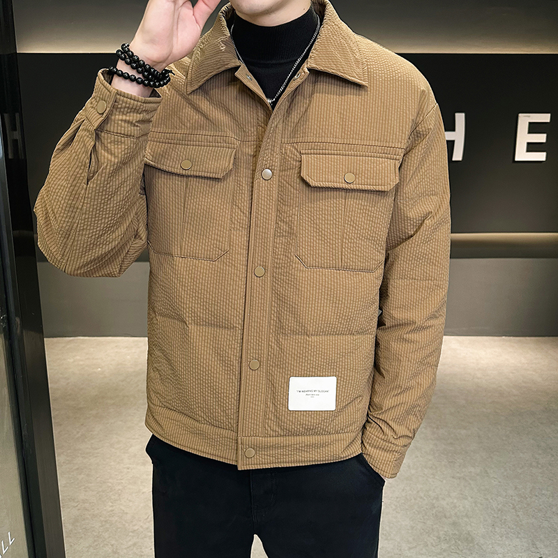 波斯澄冬季休闲翻领外套男士工装潮牌短款羽绒服纯色加厚保暖上衣