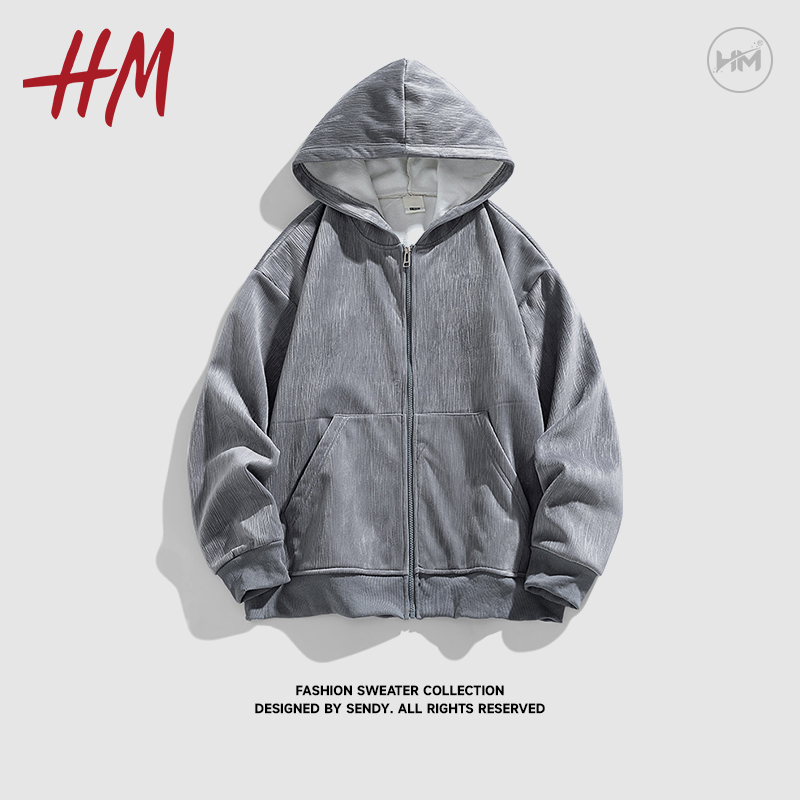 HM秋冬季复古设计感纹理加绒开衫连帽卫衣男潮牌宽松休闲百搭外套