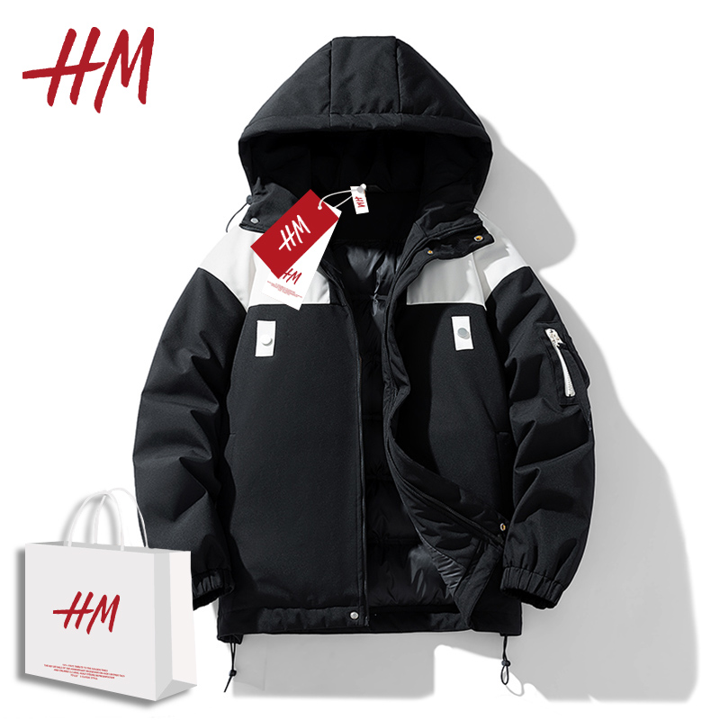 HM拼色棉衣男连帽宽松休闲潮流工装风冬季棉服外套加厚户外保暖潮