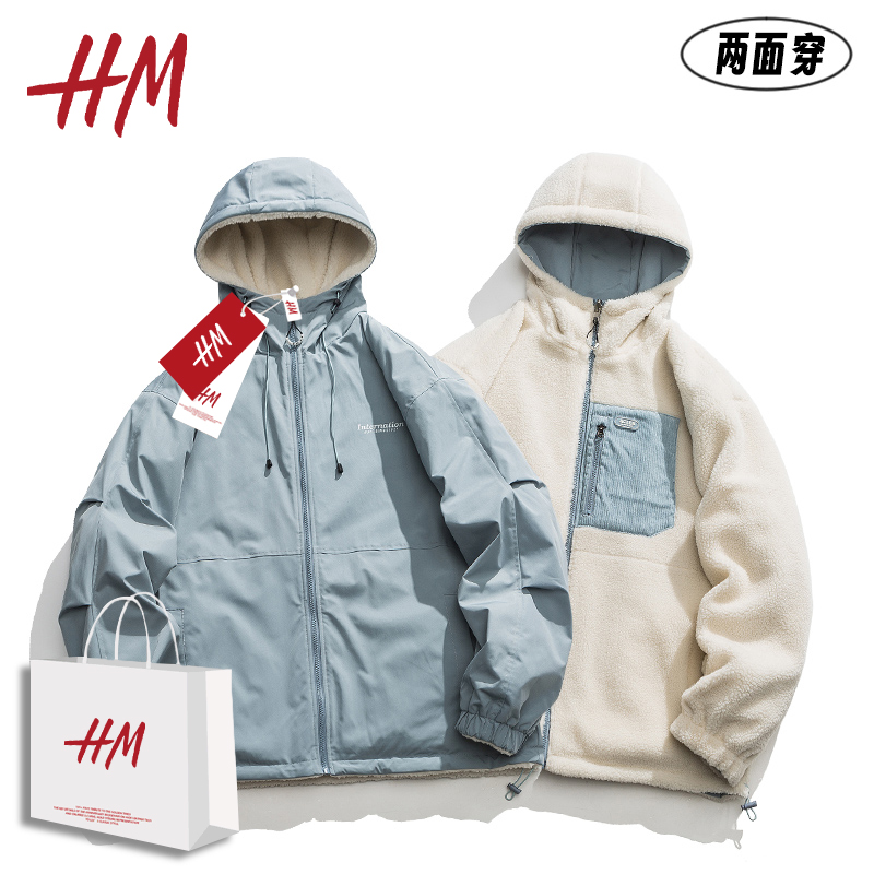 HM美式复古连帽双面穿青少年棉衣男2023新款冬季情侣冲锋衣外套潮