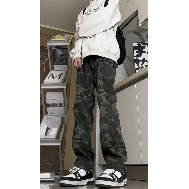 加绒迷彩牛仔裤男冬季加厚美式复古阔腿裤子户外登山运动休闲裤子