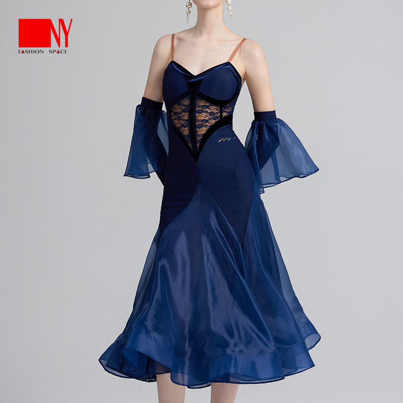 NY23210M纳艺幽梦玫瑰连衣裙女士蓝色露背舞服国标舞分体修身舞裙