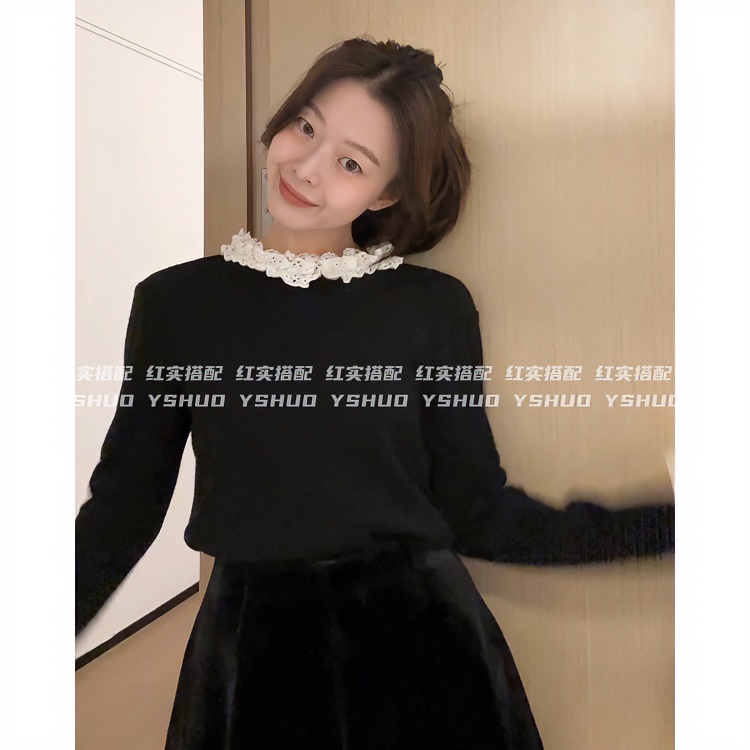 红红【柔黛】韩系甜美精致领口袖口花边设计点针织长袖 3612
