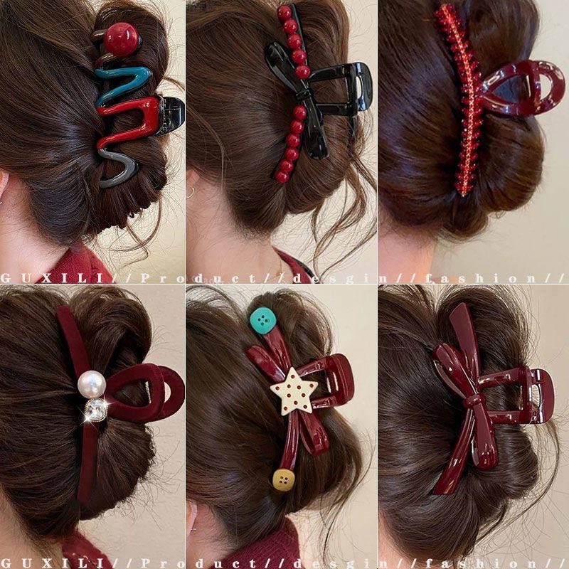 女秋冬夹网发量多红发夹安可拉夹大号复古发卡抓头饰鲨鱼后脑勺红