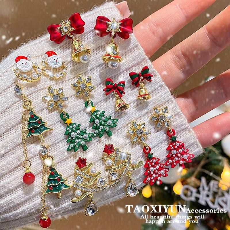 合金亚克力耳饰 圣诞节耳饰红色蝴蝶结耳钉不对称甜美耳环