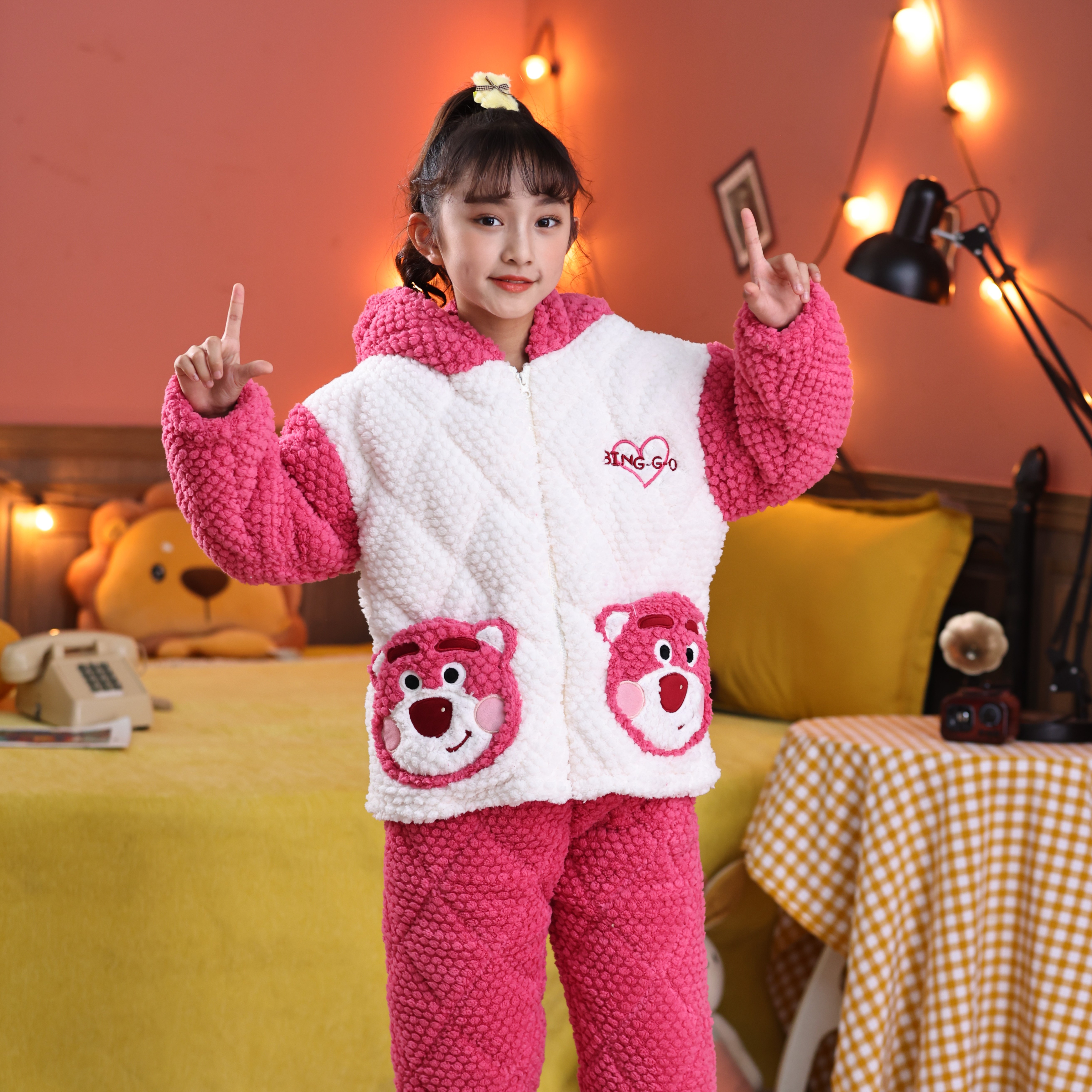 【三层夹棉】新款女童冬季北极长毛绒高档睡衣女童家居服套装保暖