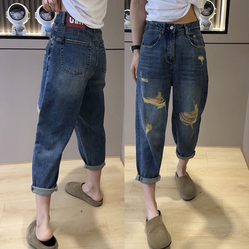 梨形身材微胖穿搭大码女装破洞牛仔裤子女显瘦九分洋气老爹裤女