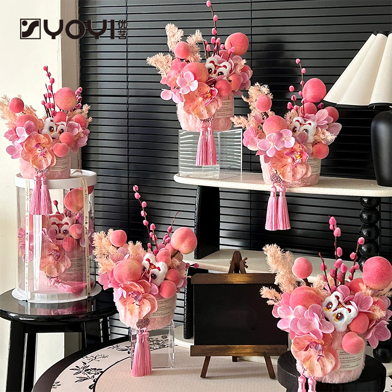 优艺 桃子手感花桃之夭夭福桶年宵花材料包福桶插花材料蝴蝶兰