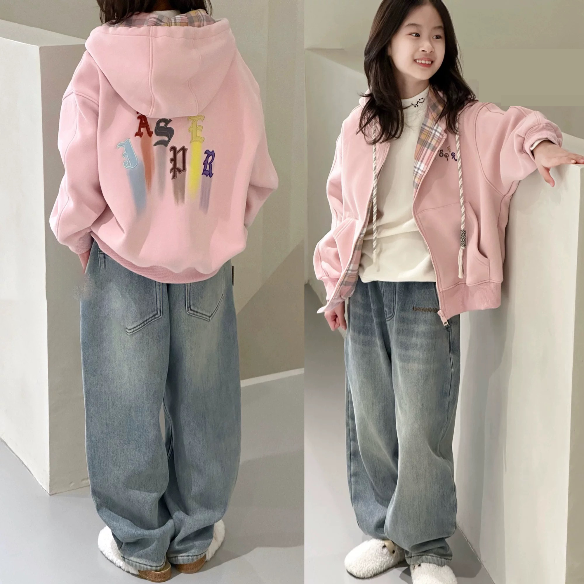 【专属】2024秋冬字母格子连帽开衫加绒加厚外套 A823 823