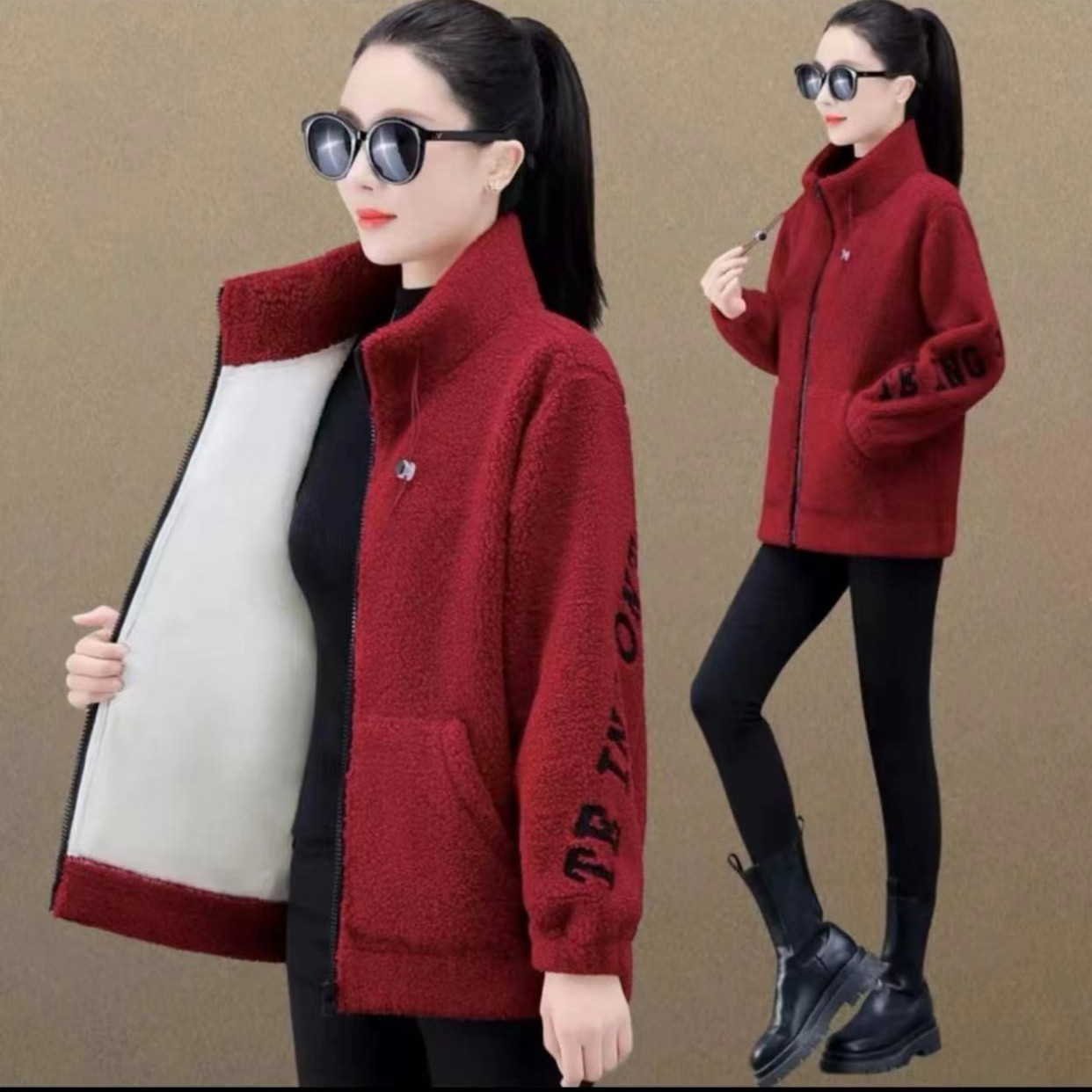 2025秋冬季新款袖子刺绣羊羔绒加绒中年洋气宽松妈妈装外套