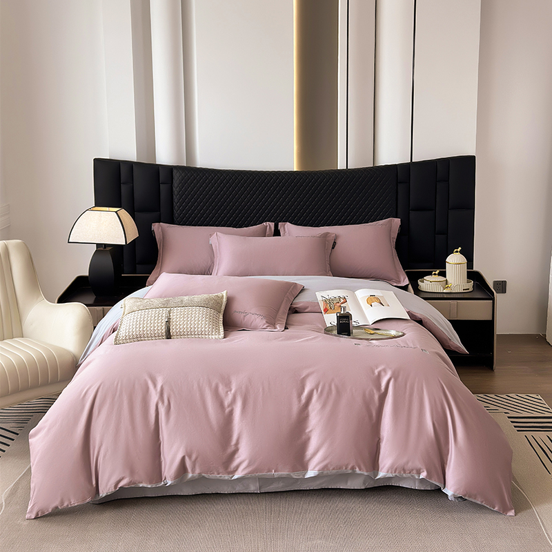 100支全棉匹马棉四件套拼色高端简约绣花贡缎纯棉床单被罩枕套