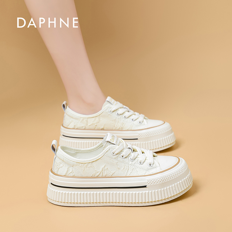 达芙妮国风提花小白鞋2026夏薄款帆布鞋系带真皮百搭运动休闲鞋