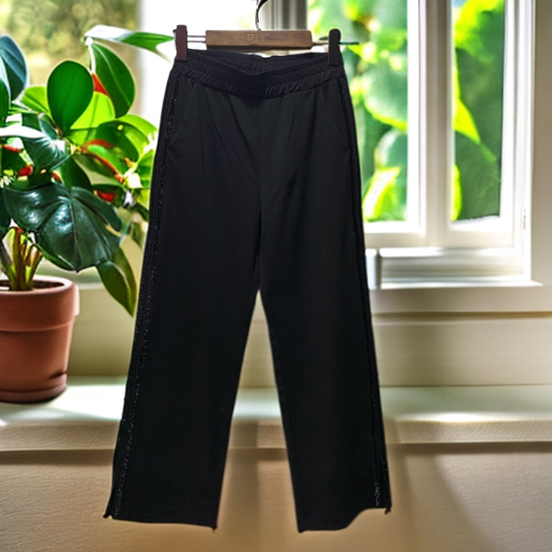 春秋新款高腰显瘦阔腿直筒侧边闪边裤脚口开衩休闲裤