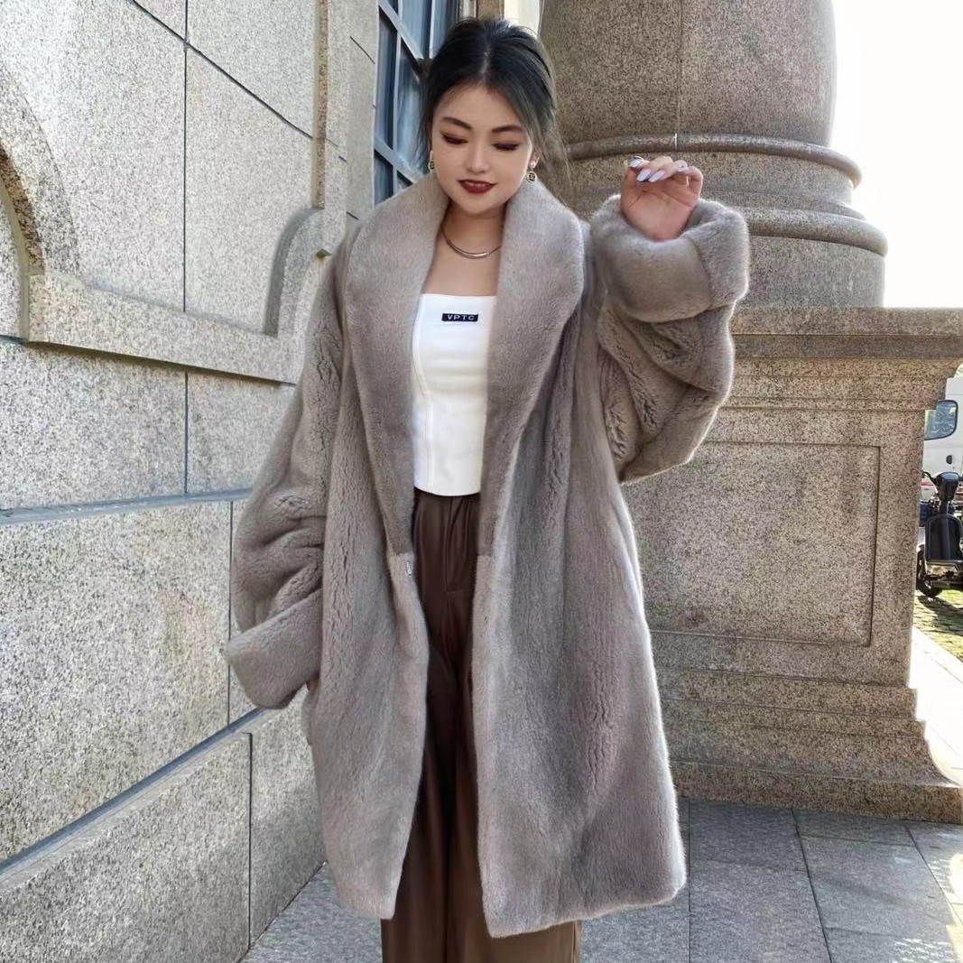 (ECKE)丹麦进口紫金短二天鹅绒长款翻领皮草女宽松整貂