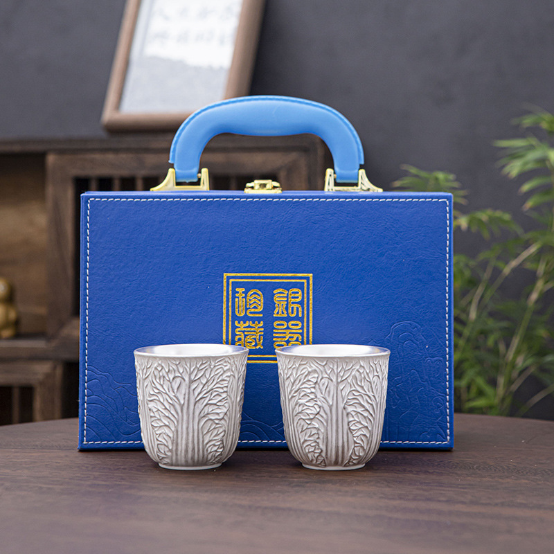 999银茶杯白菜创意对杯茶杯鎏银茶具家用高档礼盒装122