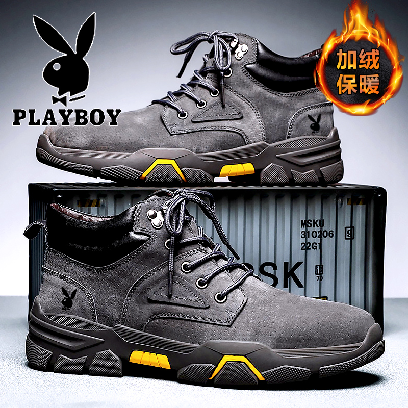 PLAYBOY雪地靴男冬季2023新款加绒保暖棉鞋男劳保运动复古工装靴