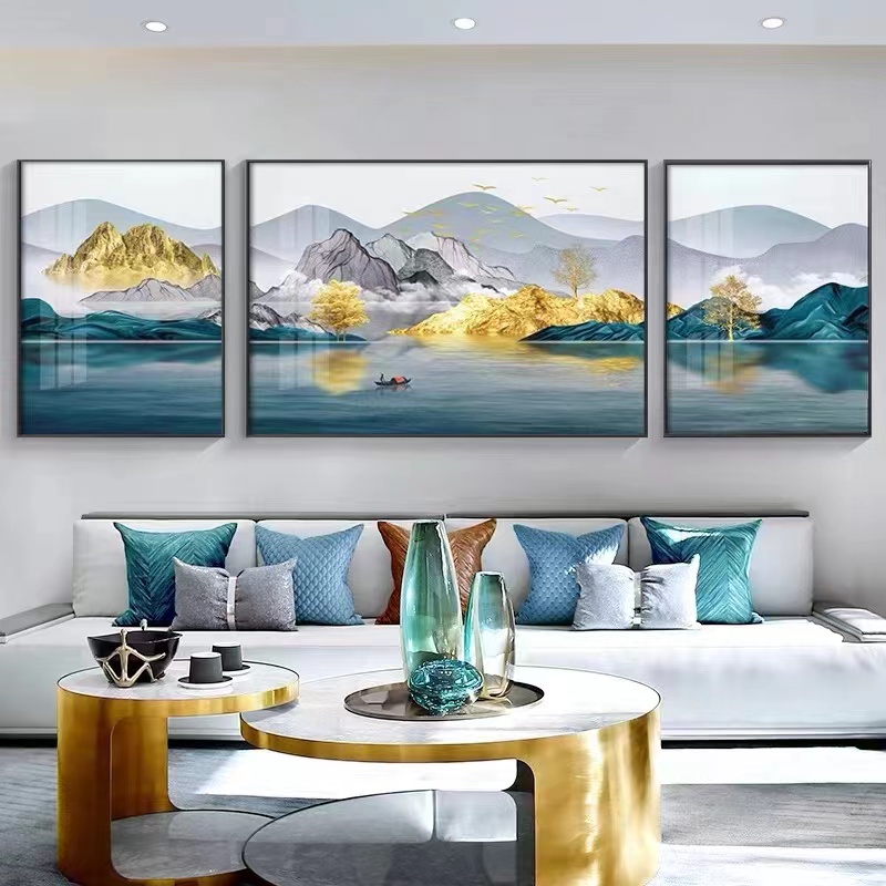 升级版-客厅三联画-【山水相间】晶瓷镶钻画客厅沙发背景墙装饰画