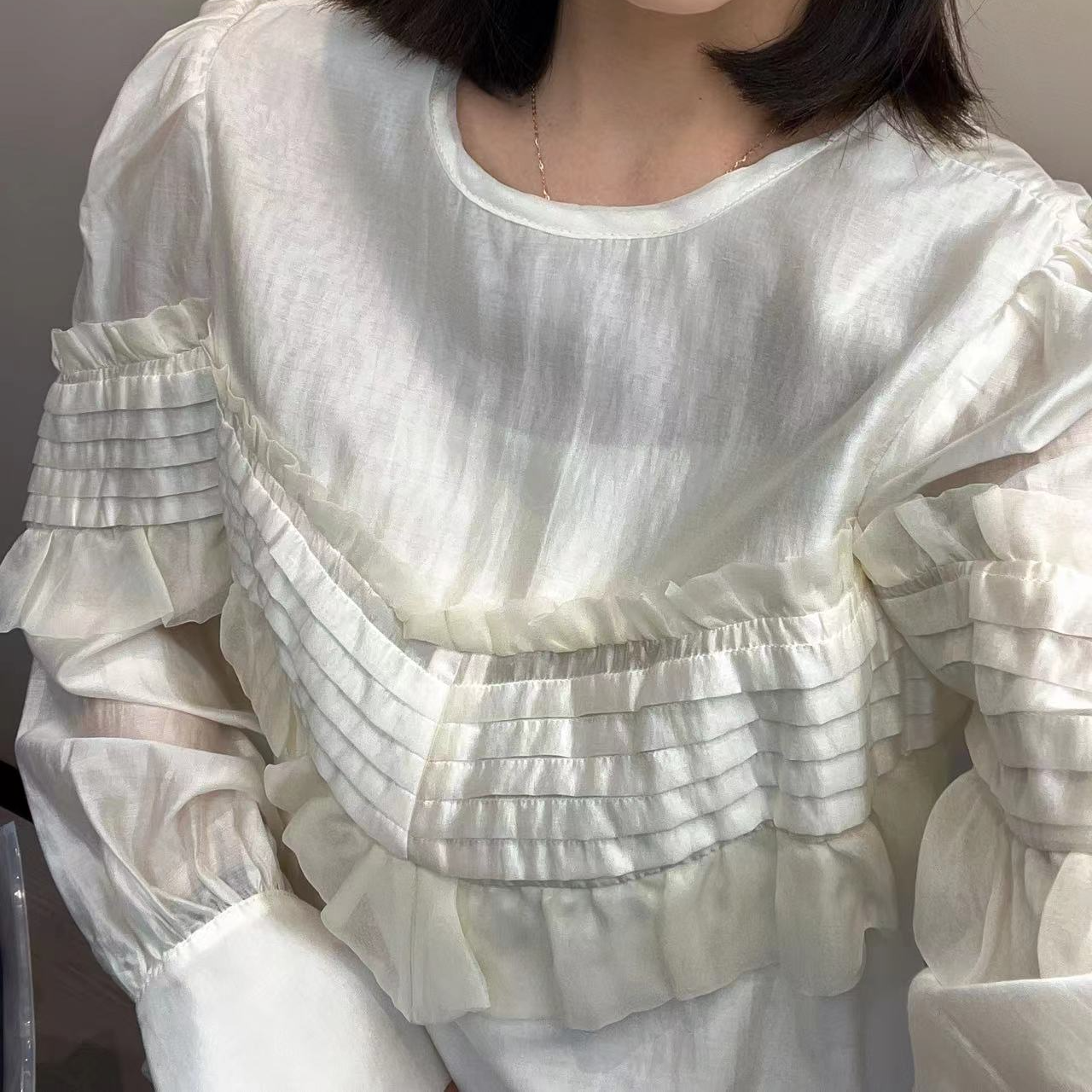 301-400夏季百搭时尚白色长袖拼接蕾丝褶皱衬衫