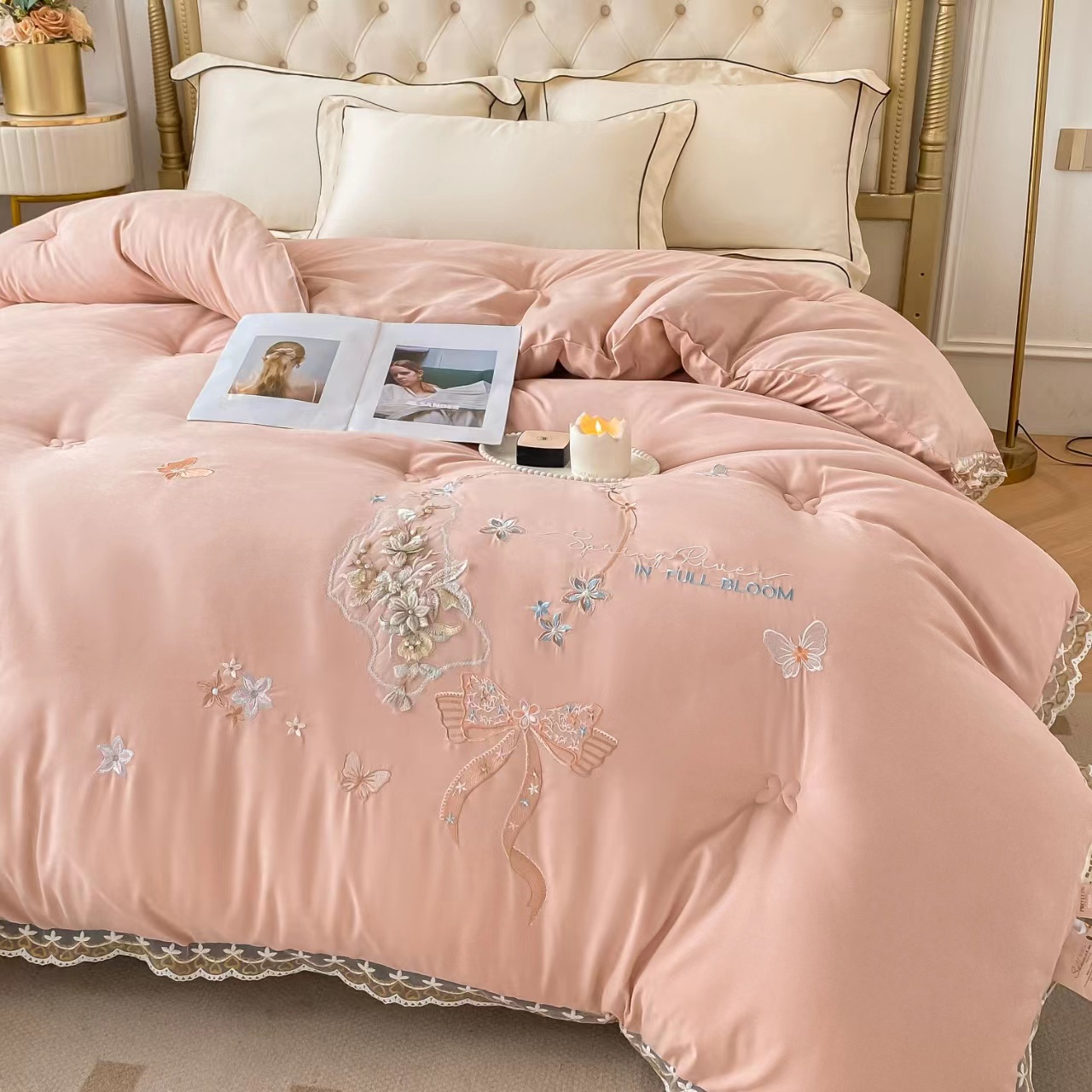 重工刺绣钉珠暖绒蛋白被