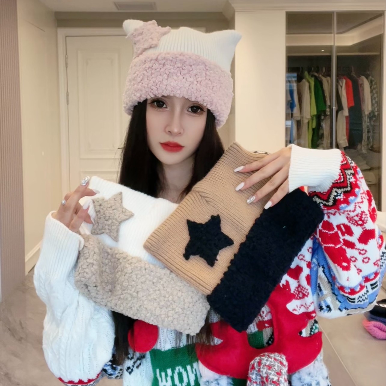 亚比风可爱五角星猫耳朵毛线帽子女冬天韩版保暖套头护耳针织帽潮