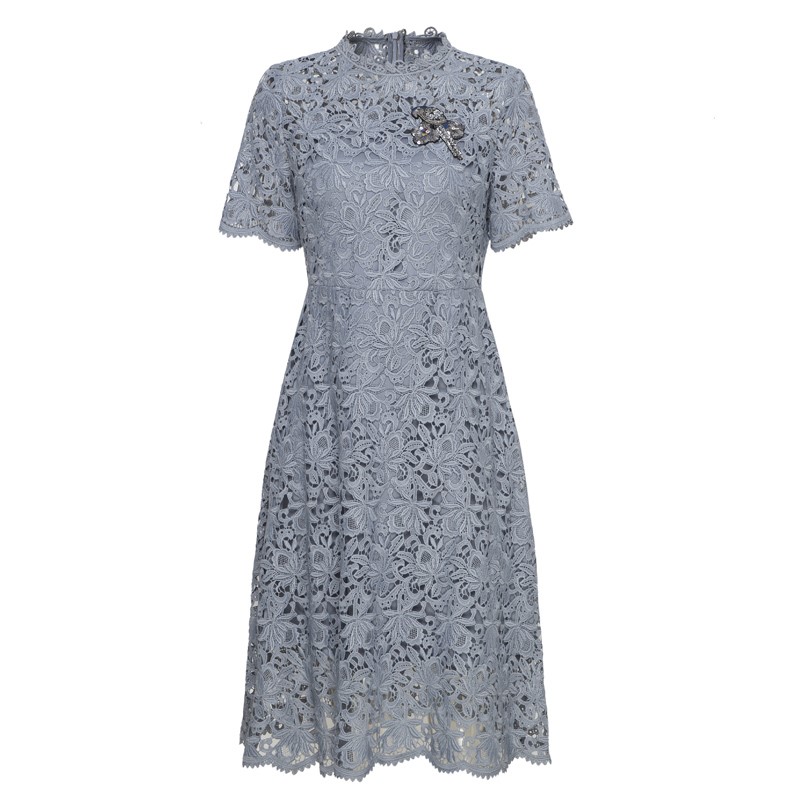 高定轻奢2024夏季新款短袖收腰重工水溶绣蕾丝法式修身连衣裙女