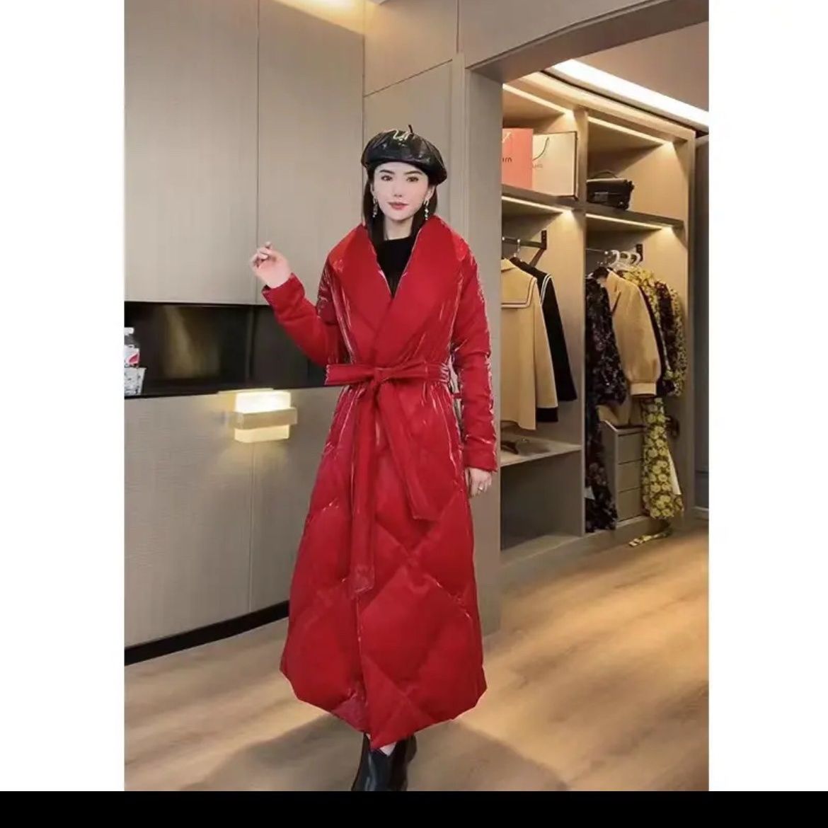 红色长款棉服女气质2023新款过膝连帽加绒冬装大衣外套女大牌