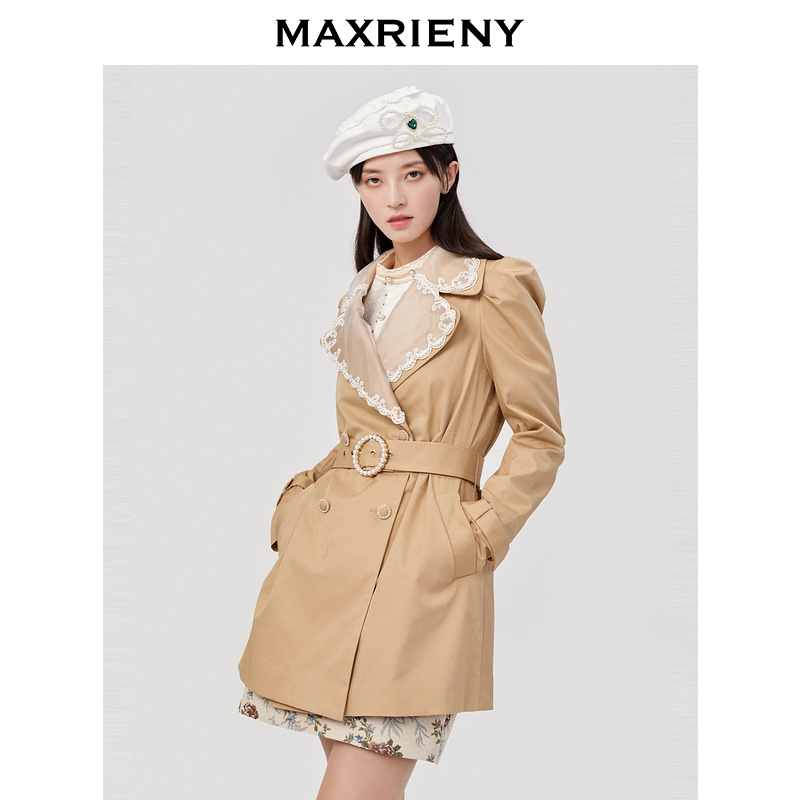 【蜜思仝】MAXRIENY卡其色斜纹风衣女春季复古外套中长款