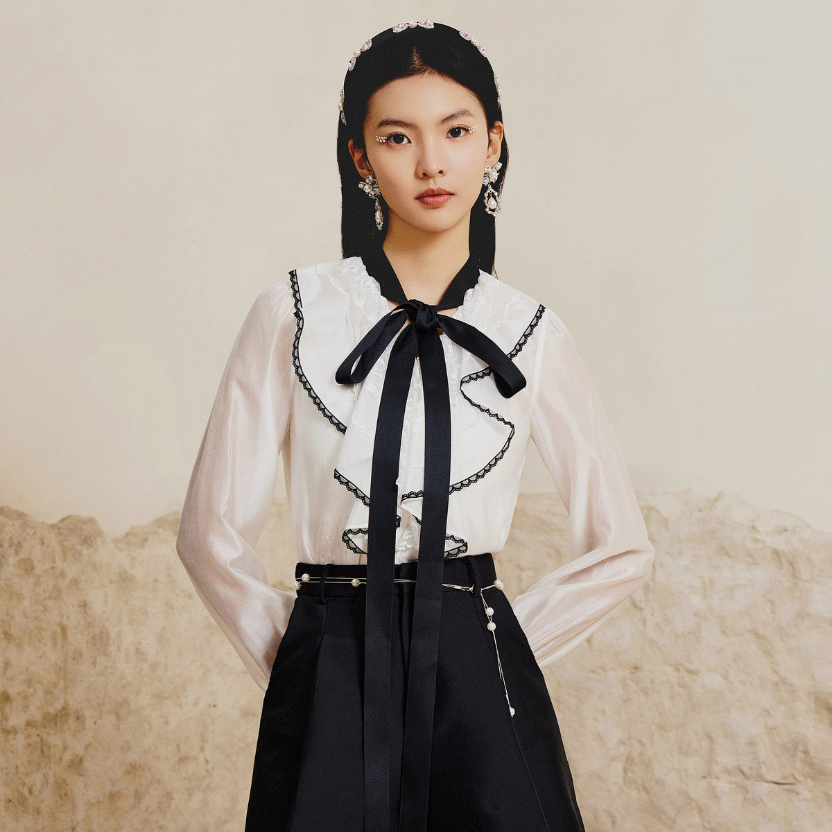 【彭彭echo专属】MAXRIENY感蝴蝶结蕾丝雪纺衫2023春季新款衬衫女