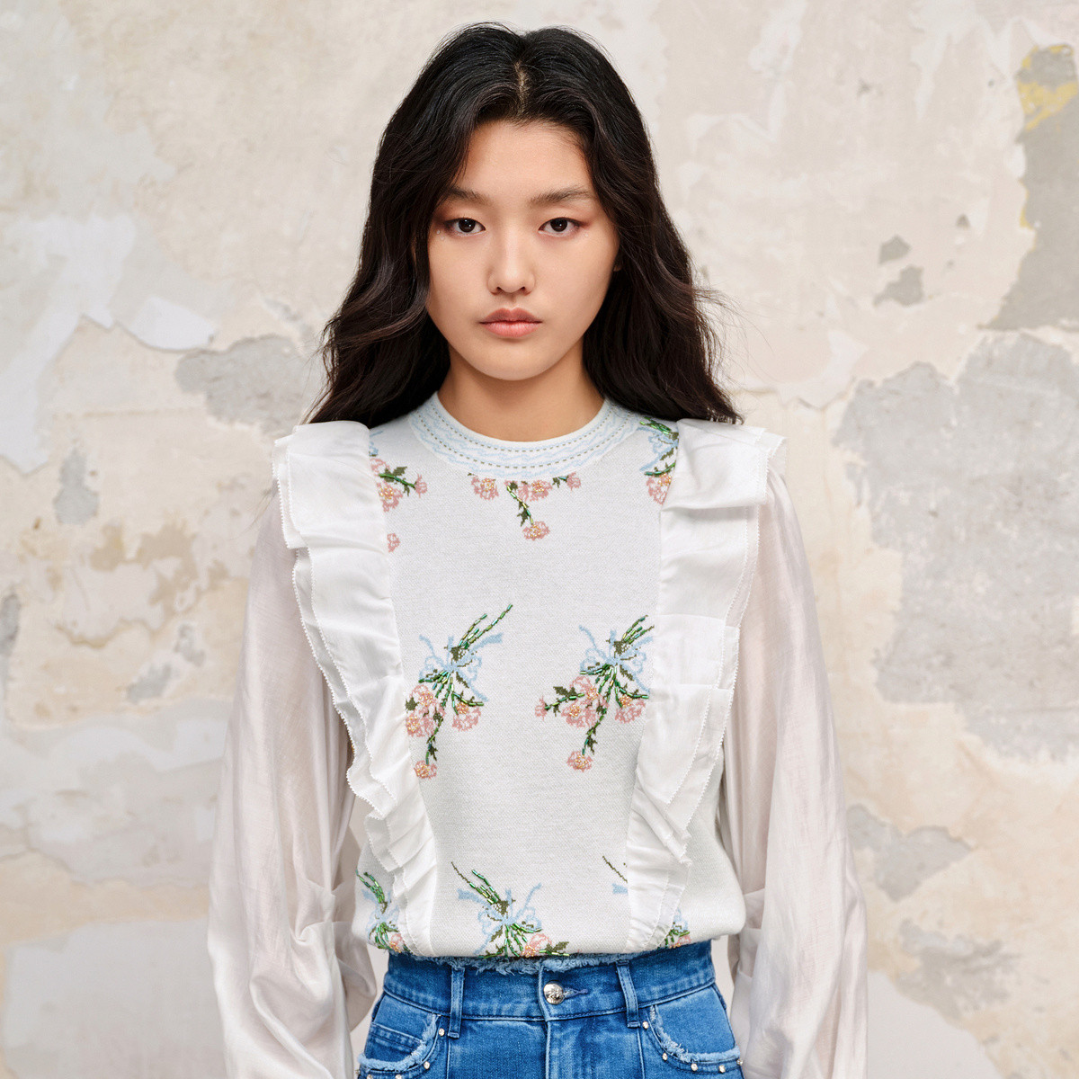 【彭彭echo专属】MAXRIENY田园浪漫感拼接套头针织23秋季修身上衣