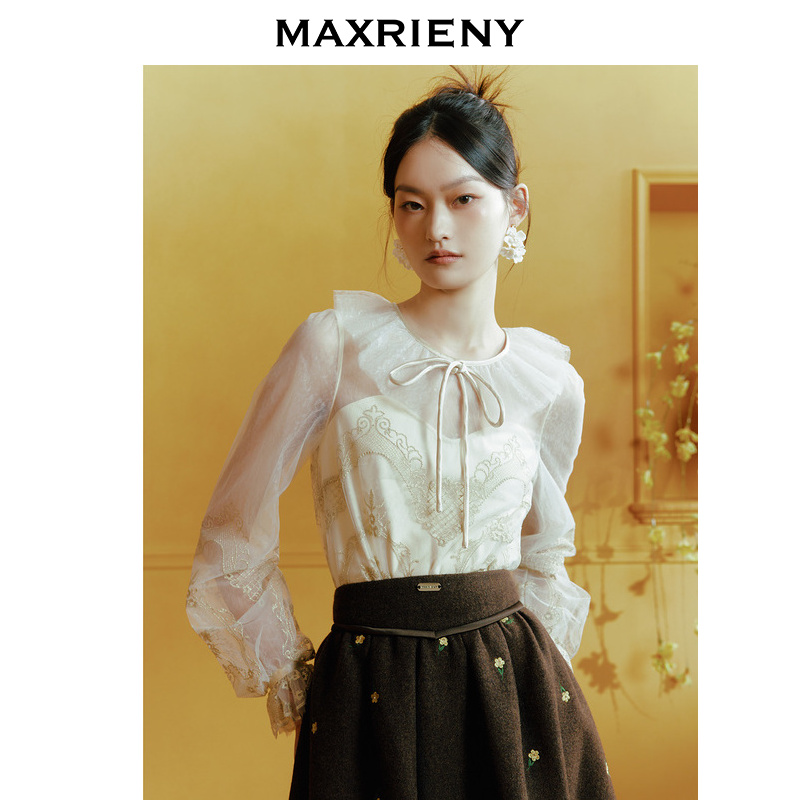 【CiCi专属】MAXRIENY华丽蕾丝蝴蝶结上衣年长袖提花上衣