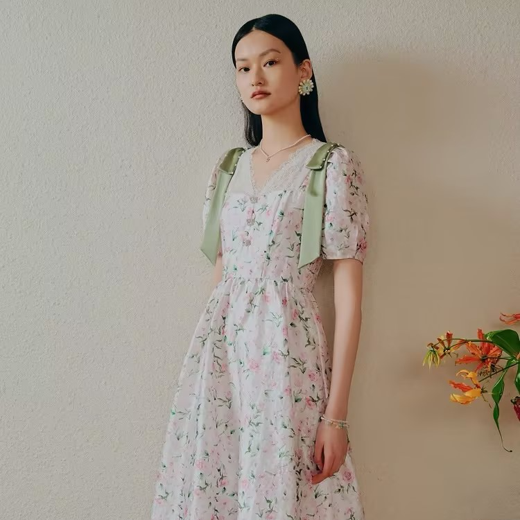 M370【赵老板专属】MAXRIENY欧式碎花连衣裙飘带茶歇裙薄荷曼波