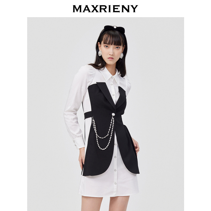 【彭彭echo专属】maxrieny显瘦衬衫裙女春季新款假两件撞色连衣裙