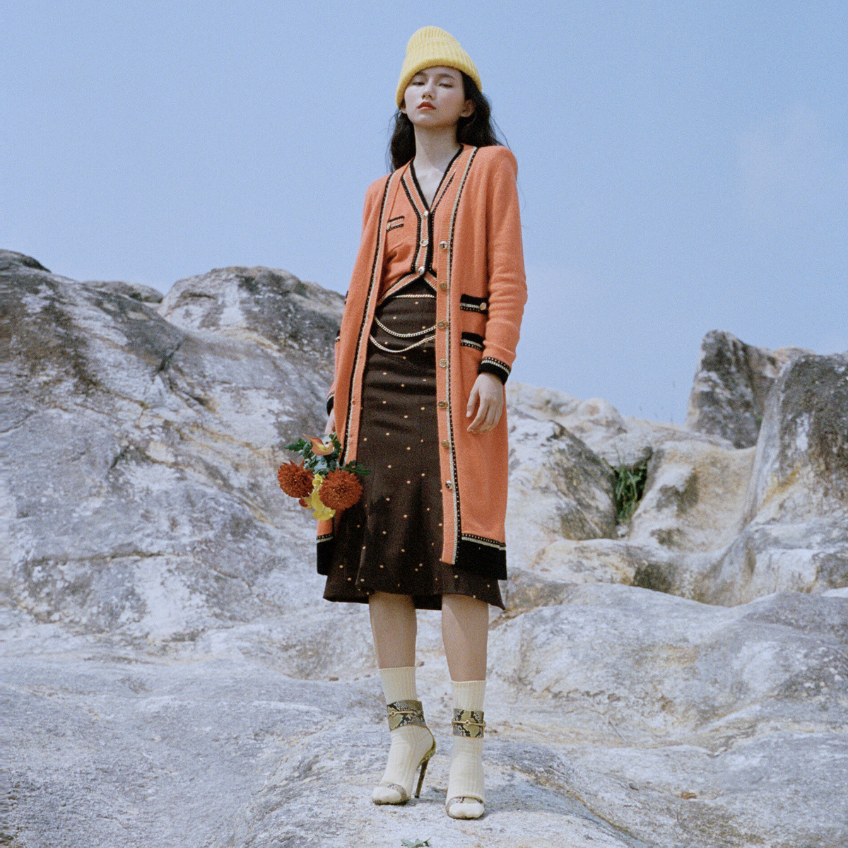 【小呆鸟专享】橙色撞边毛织长外套开衫长大衣毛衫针织