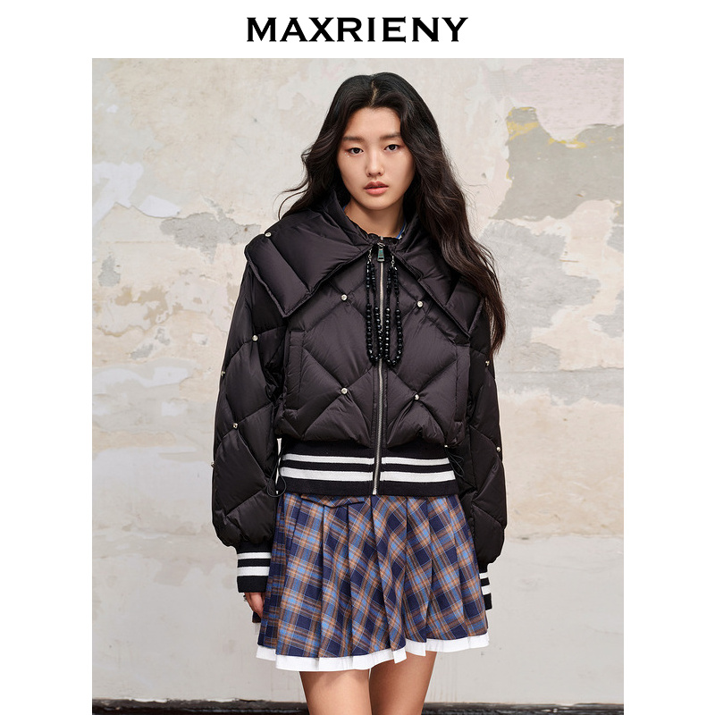 【芊芊专属】MAXRIENY收褶大翻领星钻夹克羽绒服廓形截短版型女