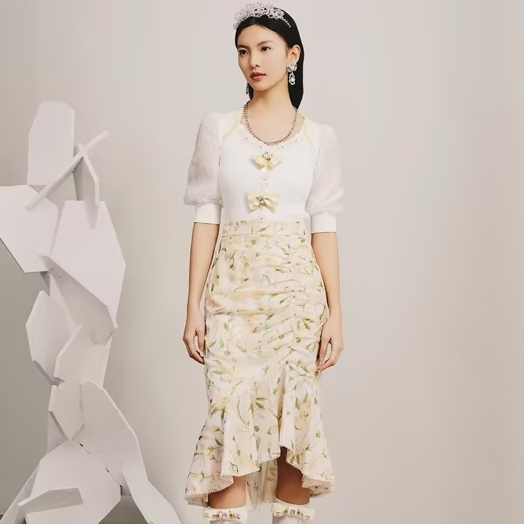 【老板娘夏天】MAXRIENY少女浅黄收褶印花鱼尾半身裙欧式园艺风裙