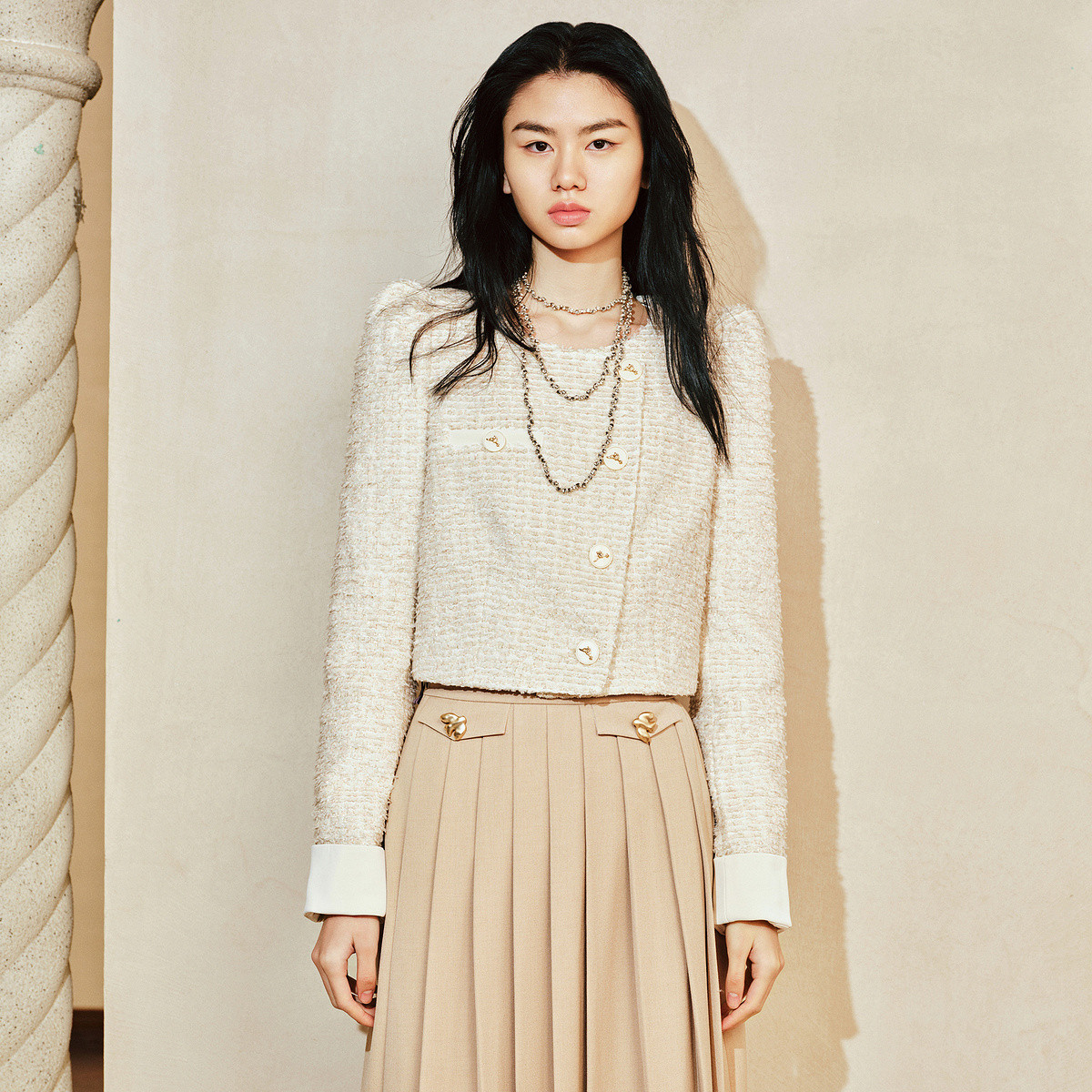 【达人专属】MAXRIENY宫廷玉兰扣毛织拼接花纱外套