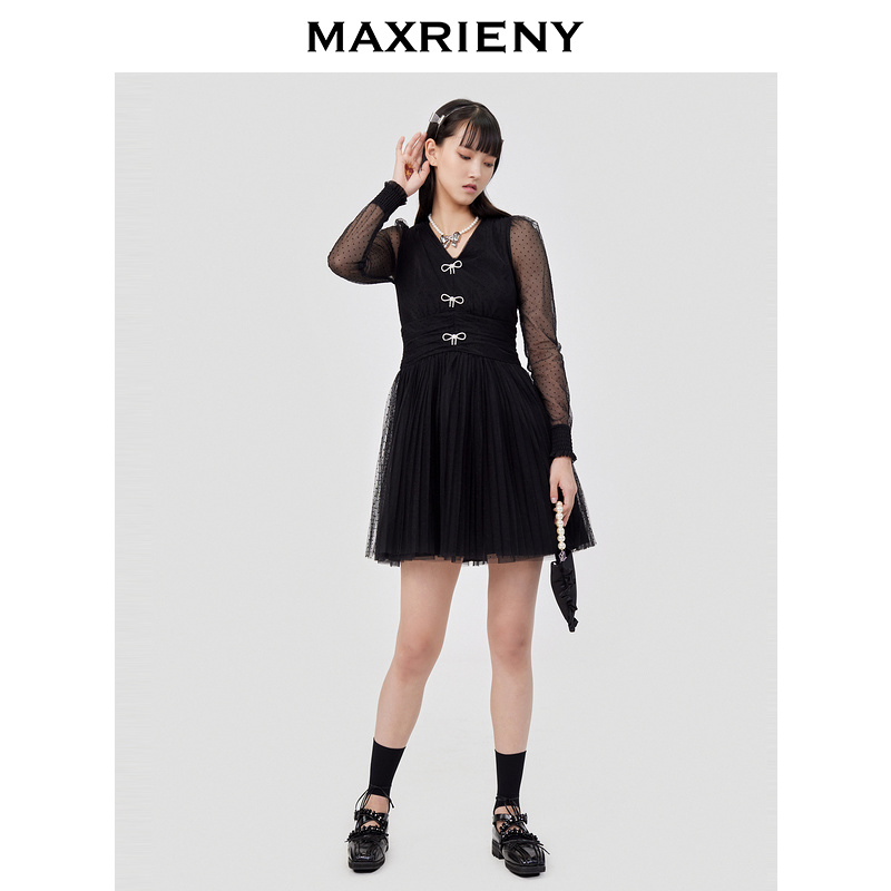 【芊芊专属】maxrieny波点连衣裙女春款网纱蕾丝短裙洋气